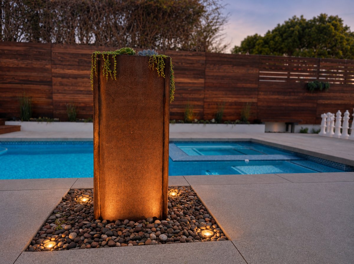 EcoDesignSD project — corten steel water feature with succulents beside pool