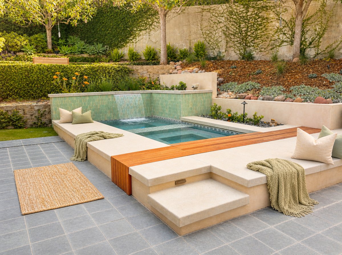 EcoDesignSD project — raised spa with green mosaic tile waterfall