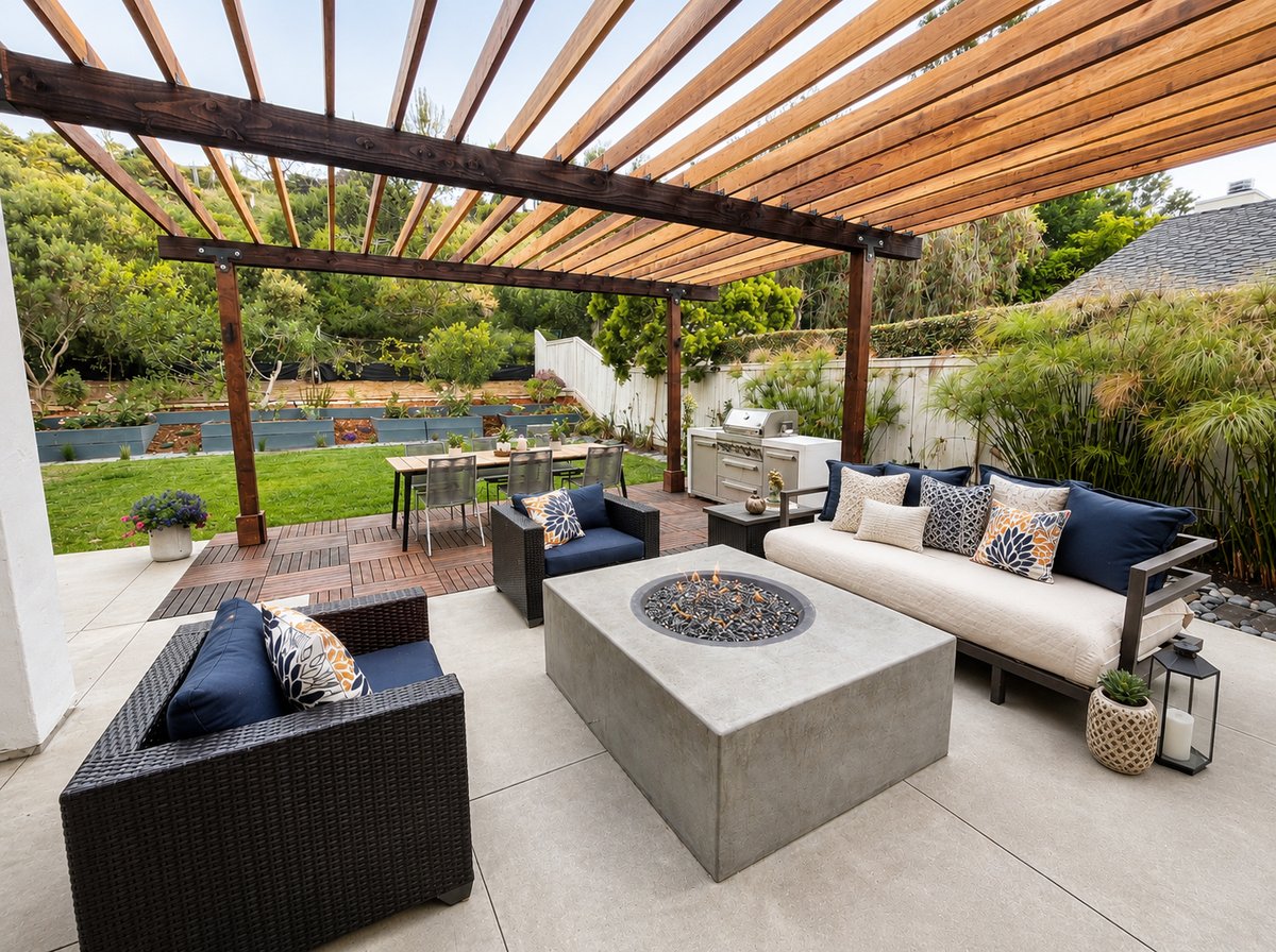 EcoDesignSD project — pergola-covered lounge with fire pit table